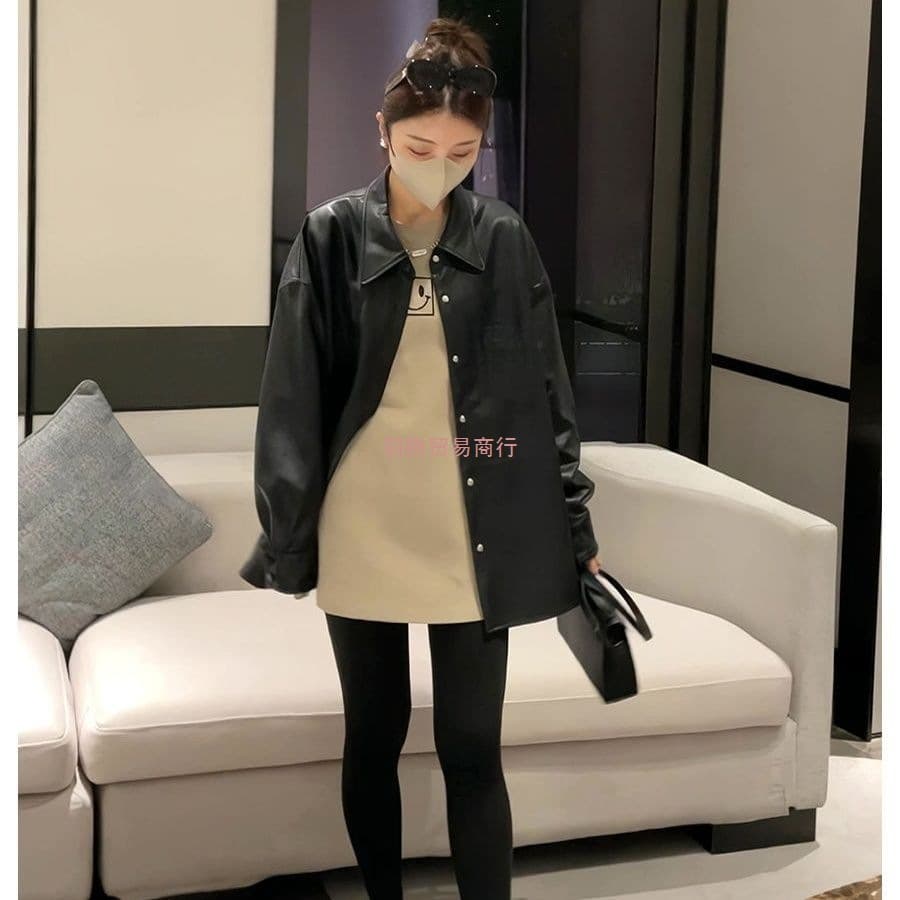 Hong Kong style chic, super simple solid color motorcycle leather jacket for women, new spring and autumn style, loose lapel jacket, plus size coat.