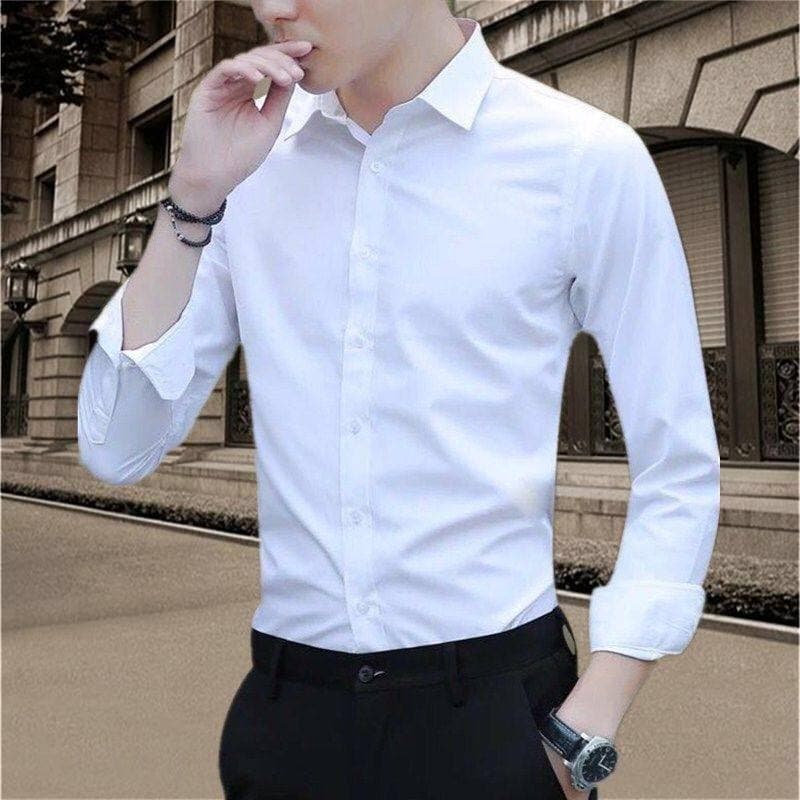 Men's White Shirt, Spring and Autumn Business Casual, Professional Wedding Wear, Youth Formal Solid Color Long-Sleeved Undershirt