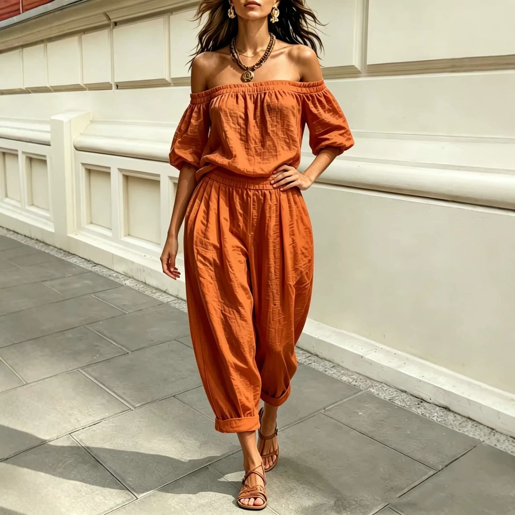 In Stock 2026 Amazon European and American Cross-Border Off-Shoulder Lantern Sleeve Elastic Waist High-Waist Lantern Pants Design Included