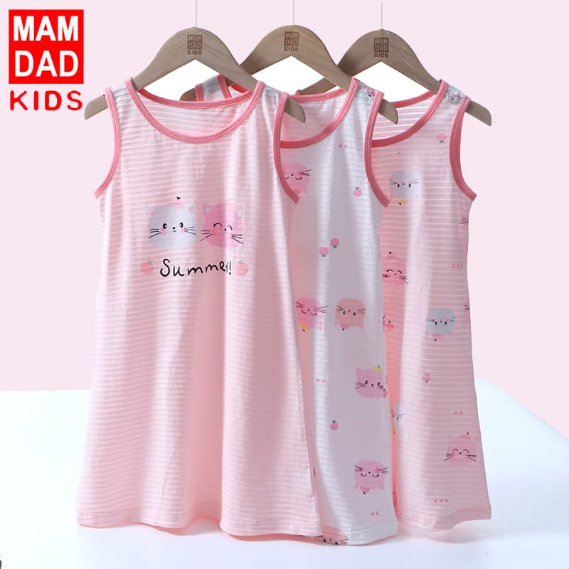 Children's Summer Vest Dress Thin Breathable Slub Cotton Girls Baby Sleeveless Dress Vest Nightgown New In Stock