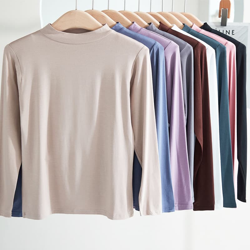 Women's Autumn Modal Undershirt, Spring/Fall Thin Large Size Top, Black Round Neck Long Sleeve White T-Shirt