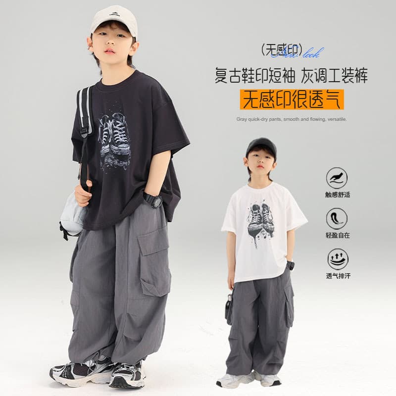 Korean Style Boys Banana Print Short Sleeve T-Shirt, Comfortable Loose Drop Shoulder Half Sleeve Summer Kids Fashion