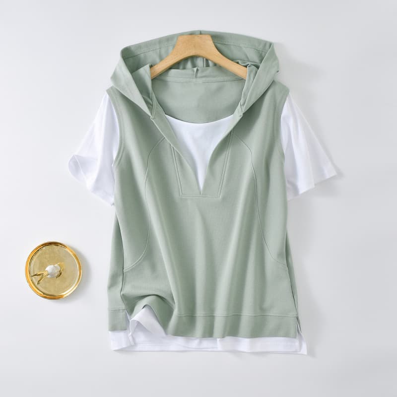 Plus Size Fake Two-Piece Slim-Fitting Short-Sleeved T-Shirt for Women 2025 Summer New Fat mm Belly-Covering Top to Hide the Flesh