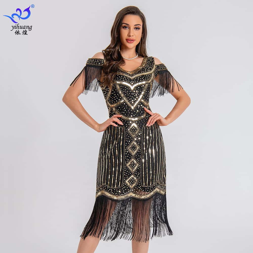 European and American retro evening dress sequin fringe skirt ball dance skirt party beaded fringe dress stage performance costume