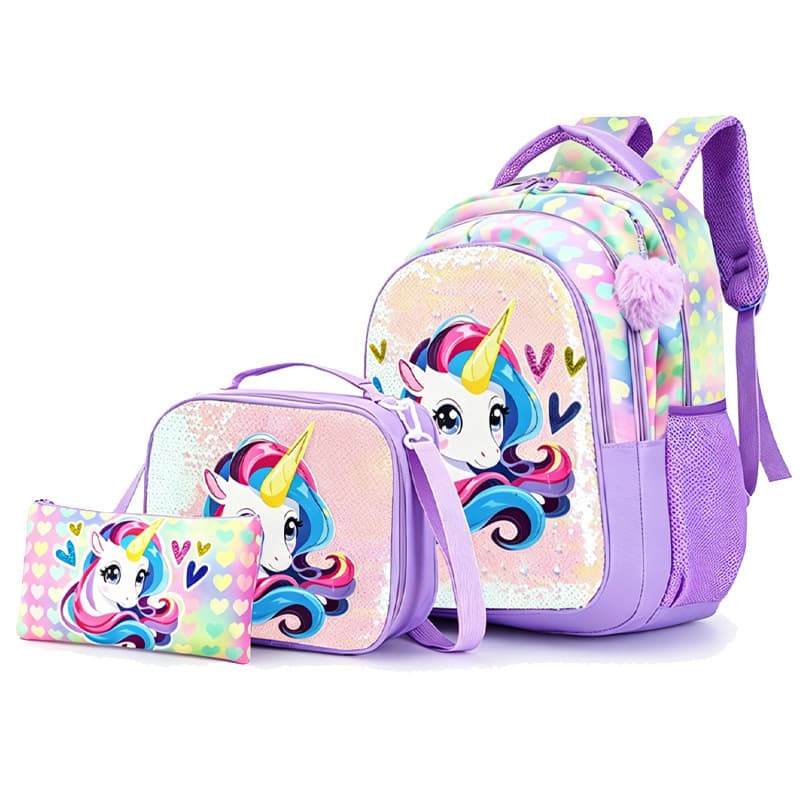 Portable Unicorn Mermaid 3-Piece Set Multi-Pocket Student Backpack Lunch Bag Pencil Case Large Capacity Practical Set
