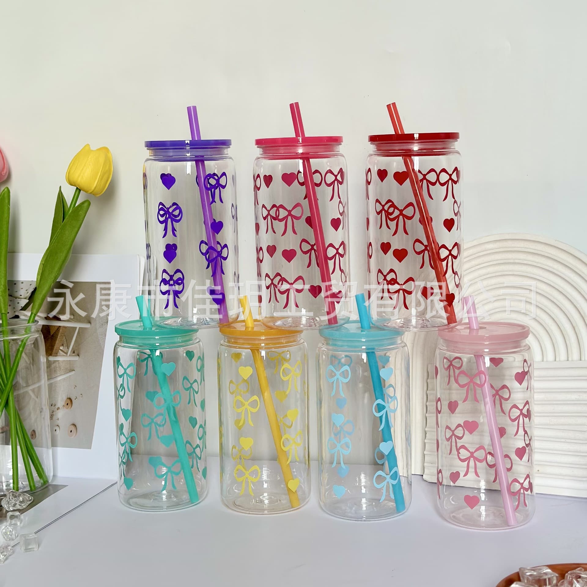 Colorful PC Plastic Cup 16OZ Mason Jar Single Layer Mason Jar Straw Cup with Bow and Heart Design Mason Jar Drinking Cup