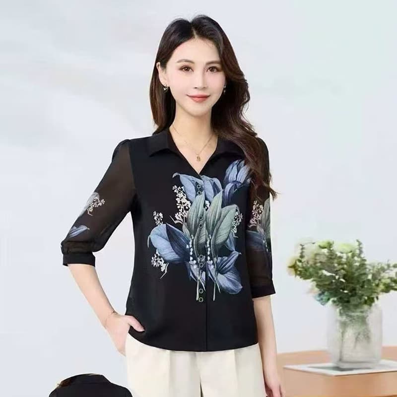 Fashion Blouse for Women 2026 Summer New Style Middle-aged and Elderly Women's Shirt Age-reducing Chiffon Top
