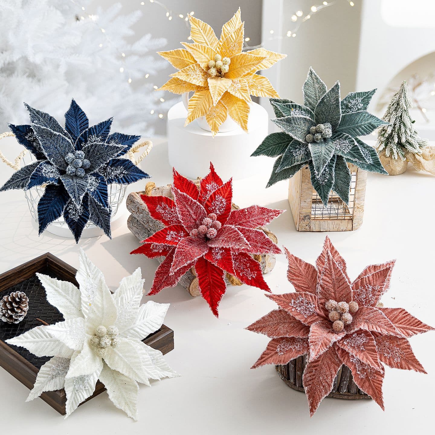 Yunhui Christmas Decoration Red Velvet Christmas Flower Green Ice Crystal Artificial Flower Christmas Tree Decoration DIY