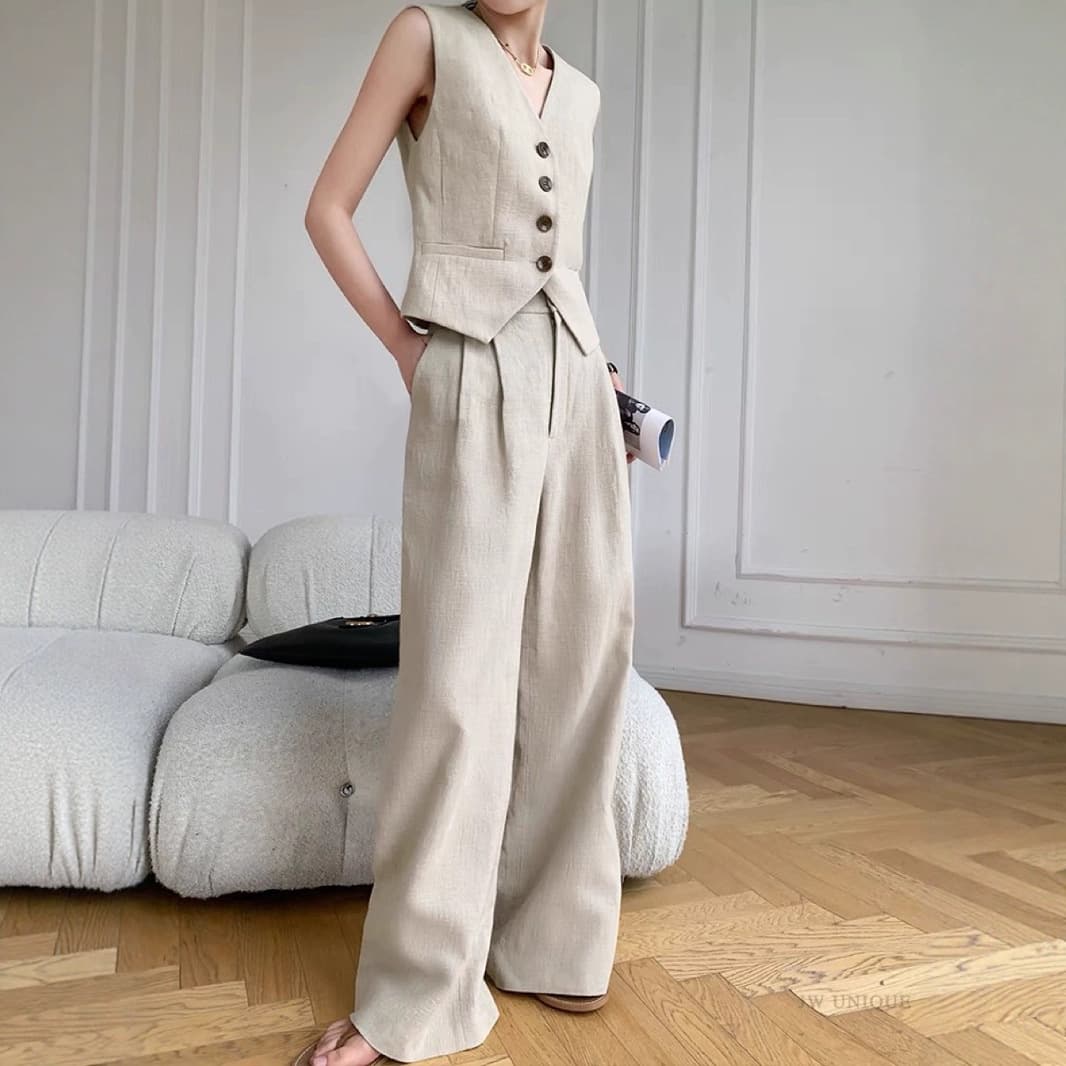 Fashionable Two-Piece Set for Women Summer 2025 New Korean Style Casual Sleeveless Vest Top with Blazer Wide-Leg Pants