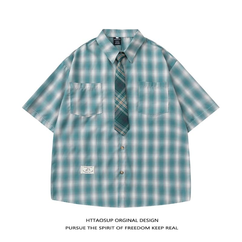 Guangzhou Wholesale American Retro Trendy Plaid Color-Block Short-Sleeve Shirt for Men, Loose Fit, Versatile, Casual, and Relaxed Style Shirt