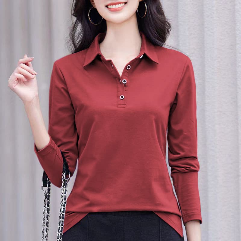 Polo Collar Long-Sleeve Regular Shoulder T-Shirt Women's Spring and Autumn New Middle-Aged and Elderly Women's Clothing Versatile Slimming Collared Top Pure Cotton