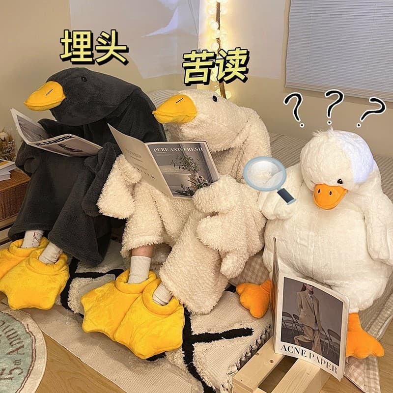 Big White Goose Silly Funny Couple Bathrobe Thickened Long Coral Fleece Morning Robe Sleep Dress Couple Pajamas