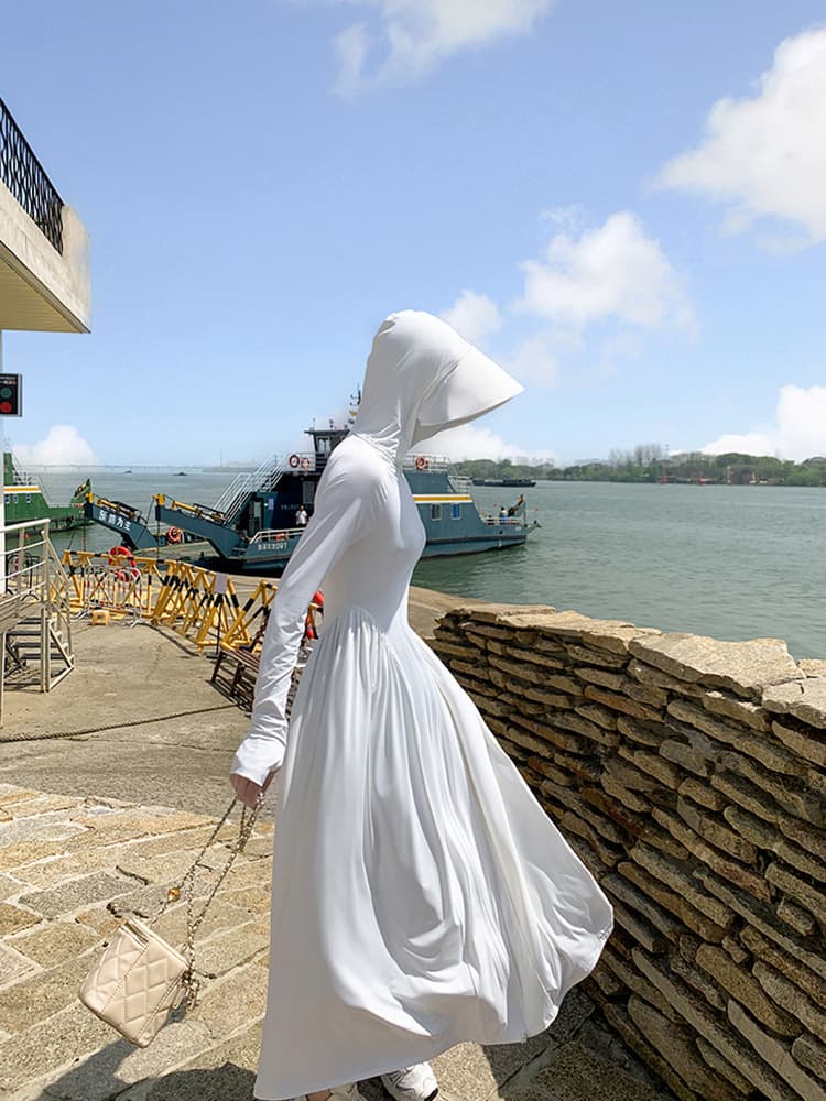 New Slim Fit Ice Silk Sun Protection Jacket for Women, Fairy Long Style Wearable Outdoors, Full Body UV Protection Hooded Sun Dress