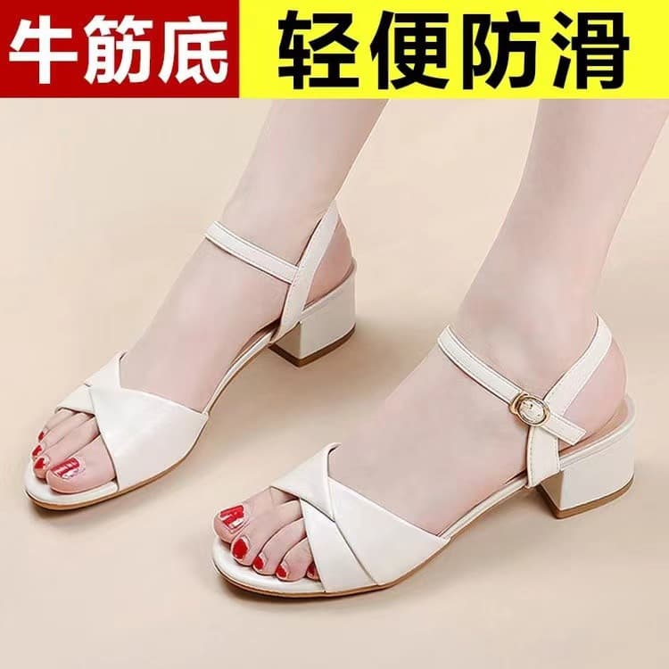 Women's Summer Soft Sole Sandals with Buckle Mid Heel Versatile Comfortable Fashionable Casual PU Square Toe