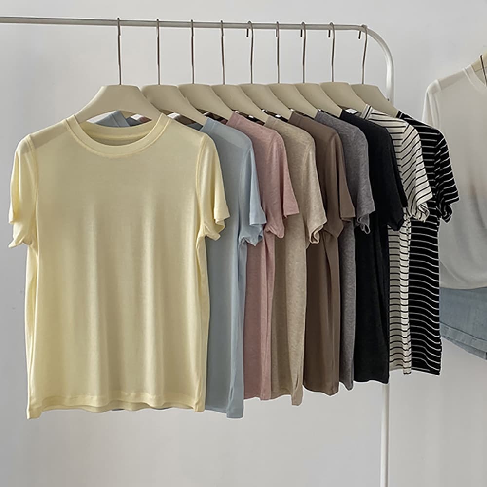 Basic Crew Neck Tencel Wool Short Sleeve T-Shirt Women Summer Smooth Drape Loose Regular Shoulder Top Versatile Base Layer