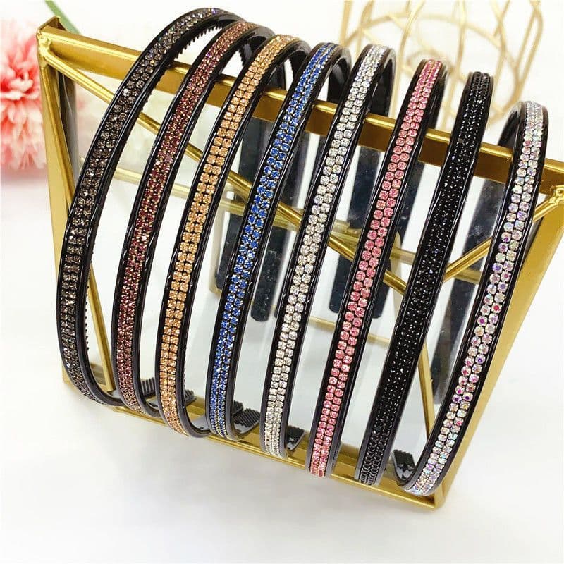 Korean style, fashionable and simple double-drip rhinestone thin headband with teeth, stylish headband, rhinestone-encrusted black headband, hair accessory.