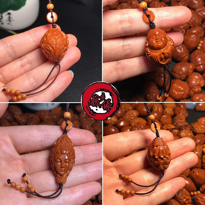 Olive pit carvings of aged red oil pit cabbage, novice monk, Guanyin, money bag single seed pendants, manufacturer in-stock ornaments, bulk wholesale.