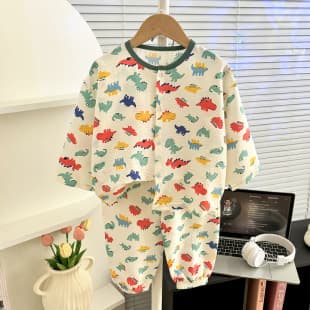 New Kids Cartoon Pajama Set Boys Girls Cardigan Round Neck Sleep Pants Two-Piece Baby Air Conditioning Sleepwear