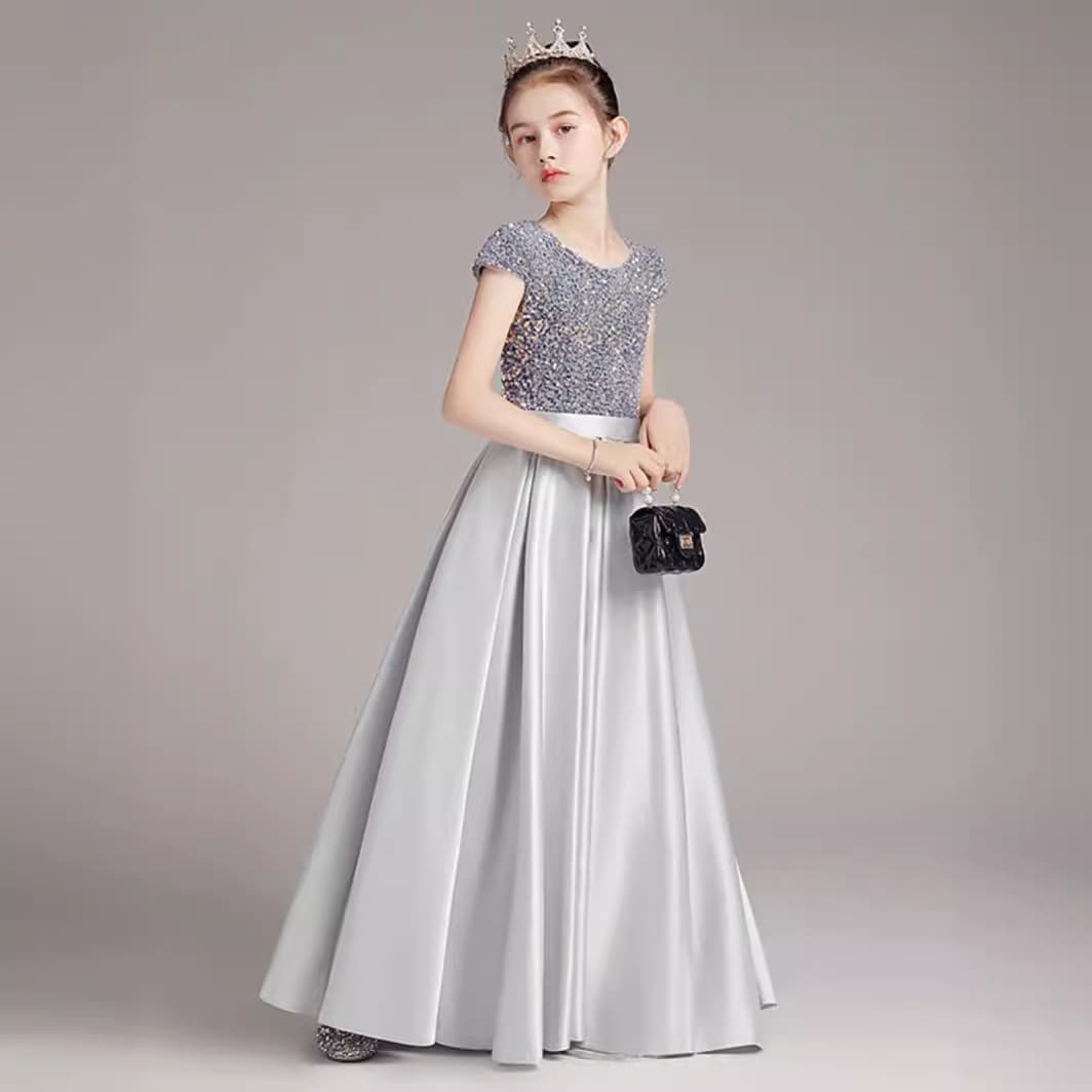 Big girl piano dress gray sequined long performance costume princess skirt children's host catwalk performance costume spring