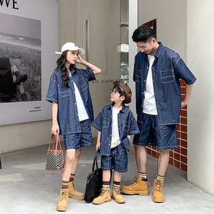 Boys' Set 2026 Summer Stylish, Medium and Small Children Loose Casual Parent-Child Outfit, Trendy Denim Shirt Two-Piece Set