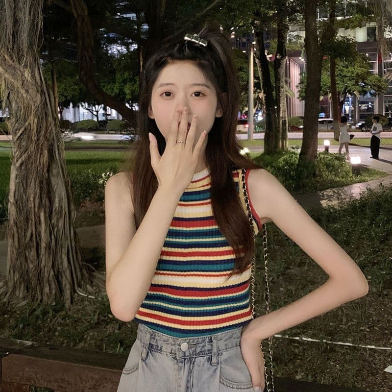 Rainbow Stripe Knit Small Camisole Vest Women 2025 Summer Inner Wear Outer Wear Sexy Girl Fit Tank Top