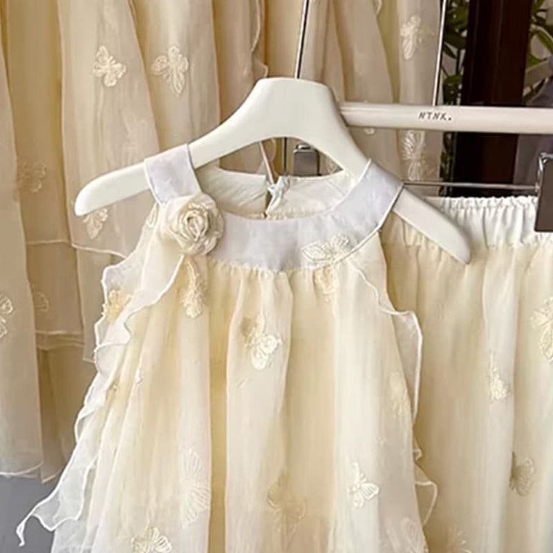 Girls' Summer Two-Piece Set 2026 New Kids Tulle Butterfly Outfit Stylish Baby Princess Style Wide-Leg Pants
