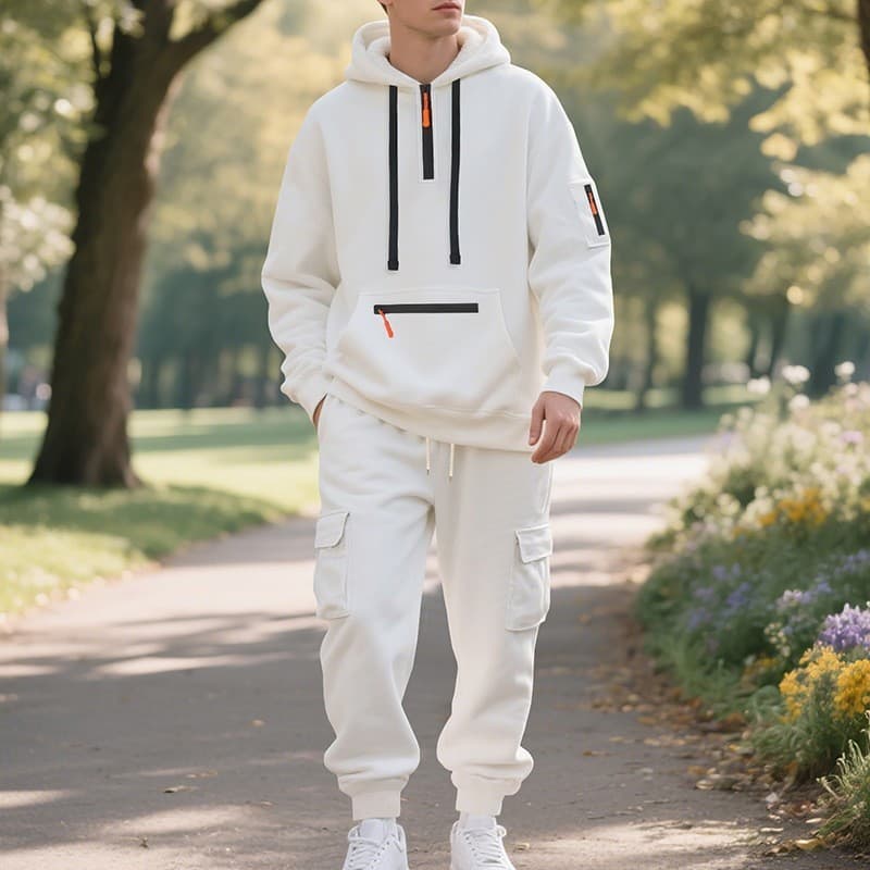 2025 Cross-Border Men's Winter Fleece-Lined Casual Set Loose Fit Athletic Multi-Pocket Cargo Set