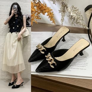High Heel Slippers for Women 2023 Summer New Pointed Toe Thin Heel Mules Light Luxury Small Fragrance Style Outdoor Fashion Sandals
