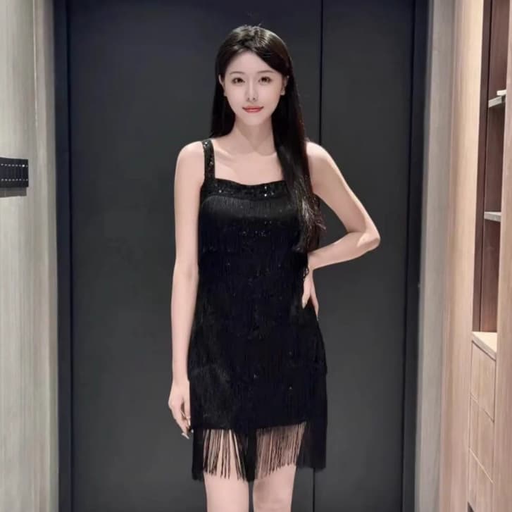European and American cross-border AliExpress solid color tassel sequin suspender cocktail dress party dress short skirt with tassels