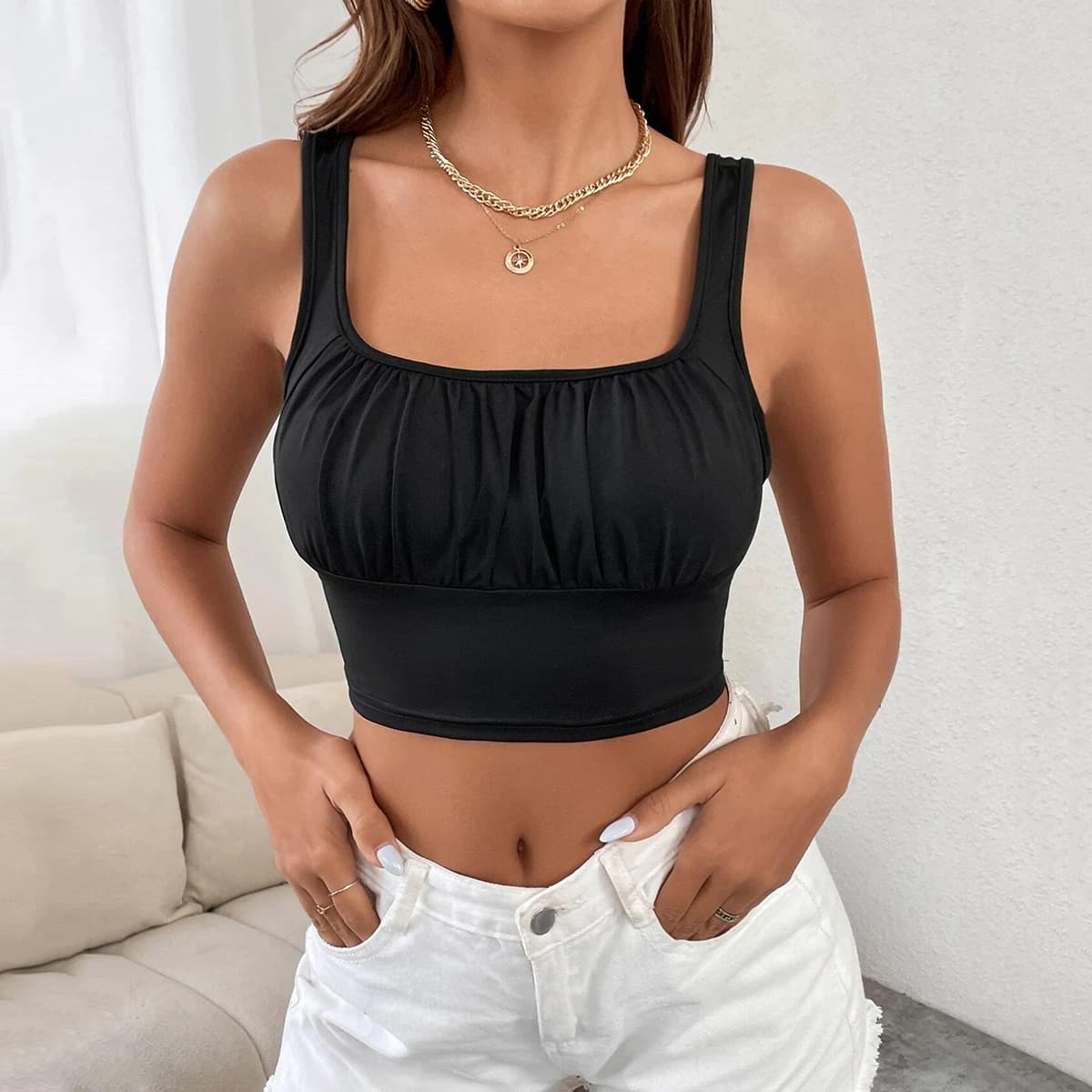 Black Sports Pure Color Slim Fit Sleeveless Waist Cinched Shoulder Strap Backless Mini Vest for Women Sexy Style Cotton Blend