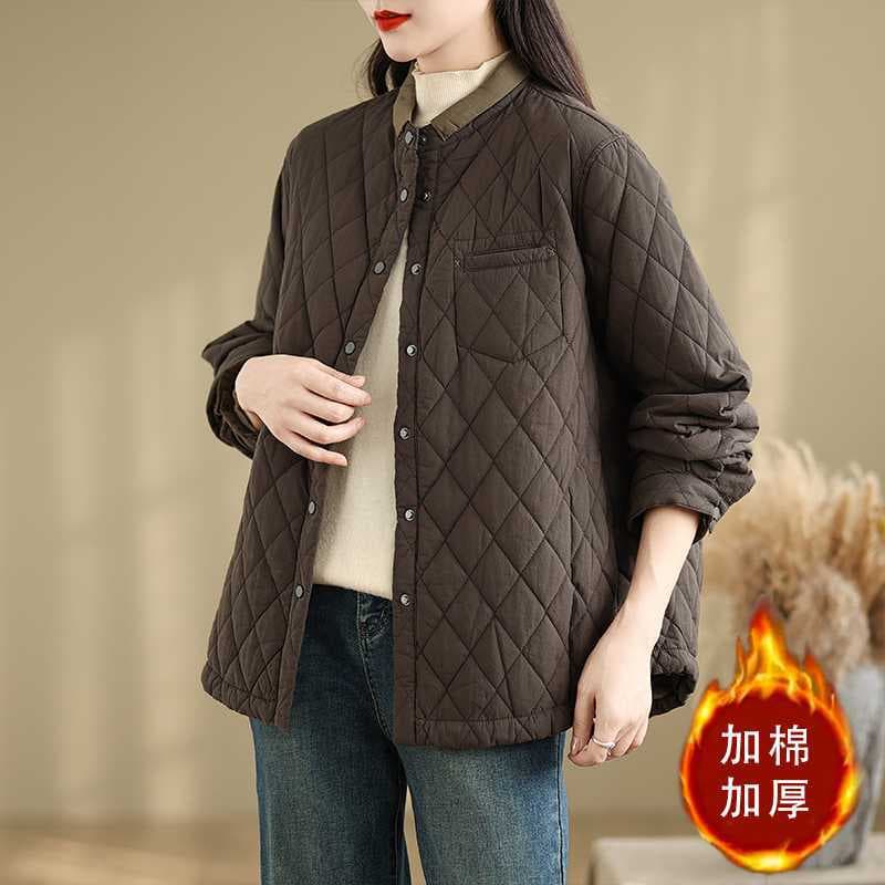 Real Shot 2025 Winter New Collar Color Block Literary Casual Diamond Pattern Stand Collar Cotton Coat, Women's Loose