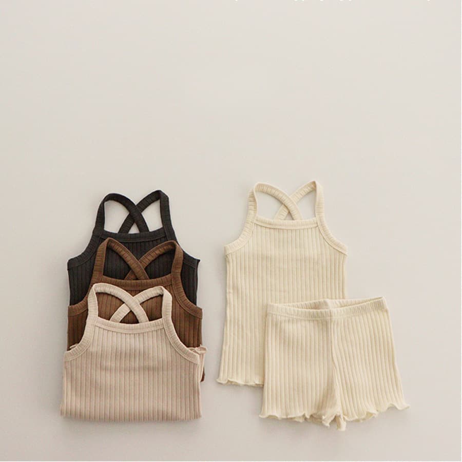 Summer 2024 Children's Cotton Set Baby Girls' Sleepwear Pants Ribbed Strap Suit Soft Processing Casual Style Solid Color