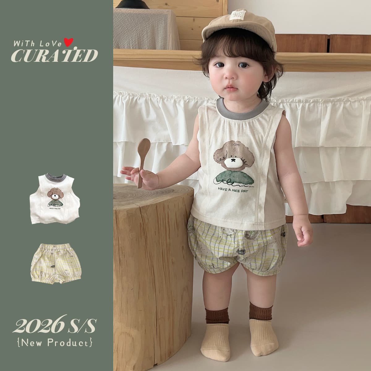 Korean boys' summer two-piece set for boys and girls, fashionable cartoon printed vest, plaid shorts, going out clothes for boys and children