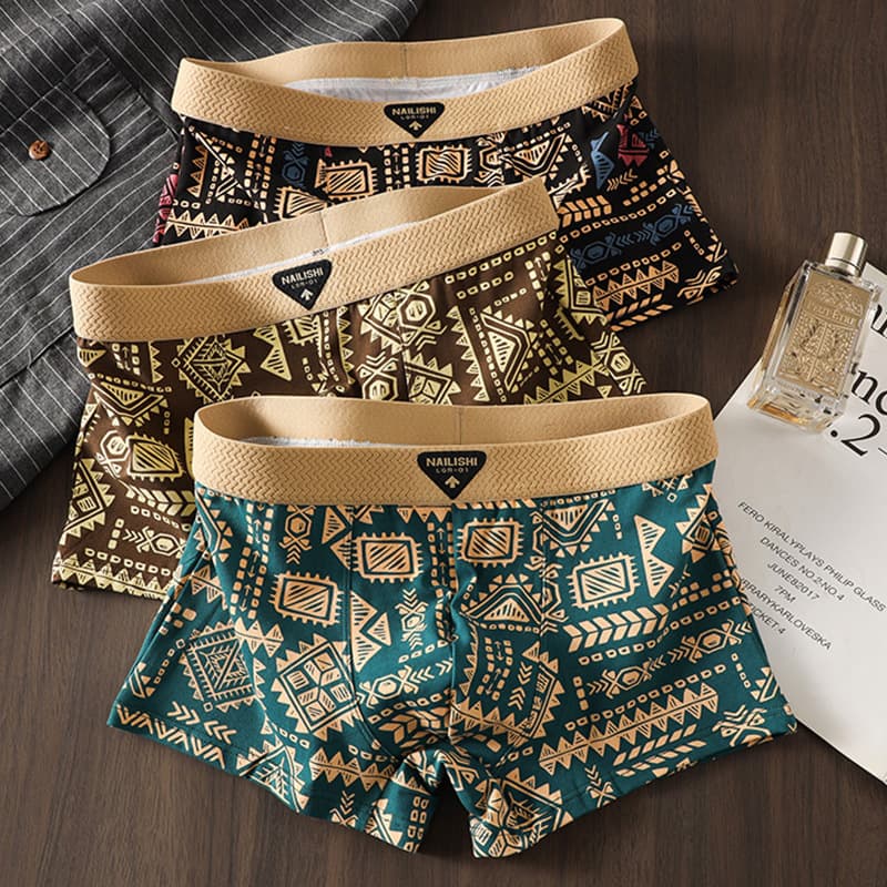 Men's Boxer Briefs Comfortable Breathable 4-Panel Underwear Trendy American Retro Ethnic Style Mid-Rise Shorts