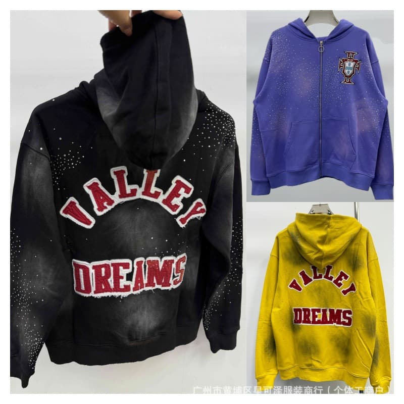 VALLEY Forever DREAMS Retro Zip-up Hooded Embroidered Rhinestone Hoodie Streetwear