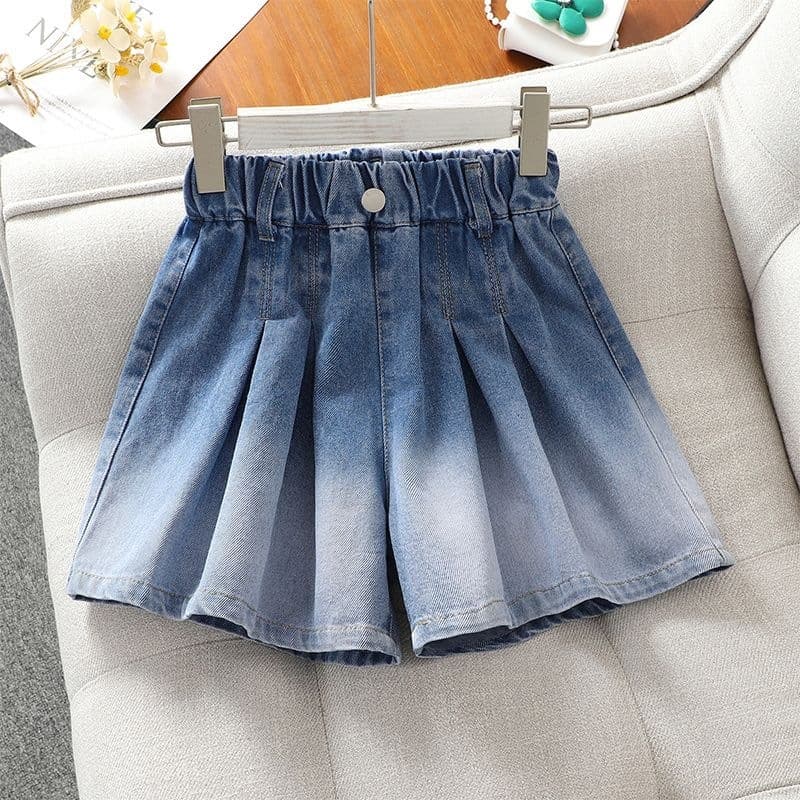Girl's Denim Shorts Summer 2026 New Stylish Children's Gradient Pants Girl Skirt Big Kids Pleated Skirt Shorts
