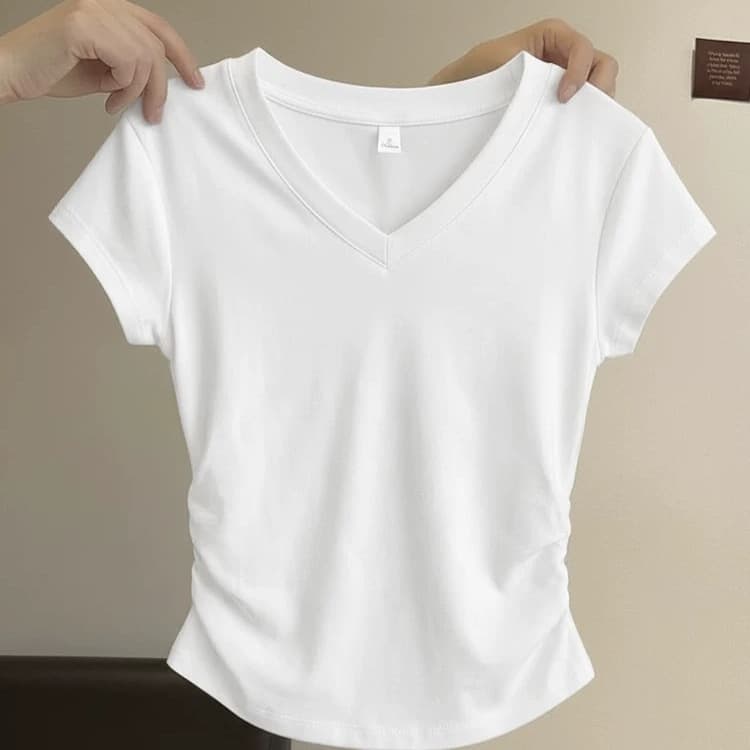 Pure cotton right shoulder v-neck short-sleeved t-shirt for women 2026 summer new slim fit pleated design short top