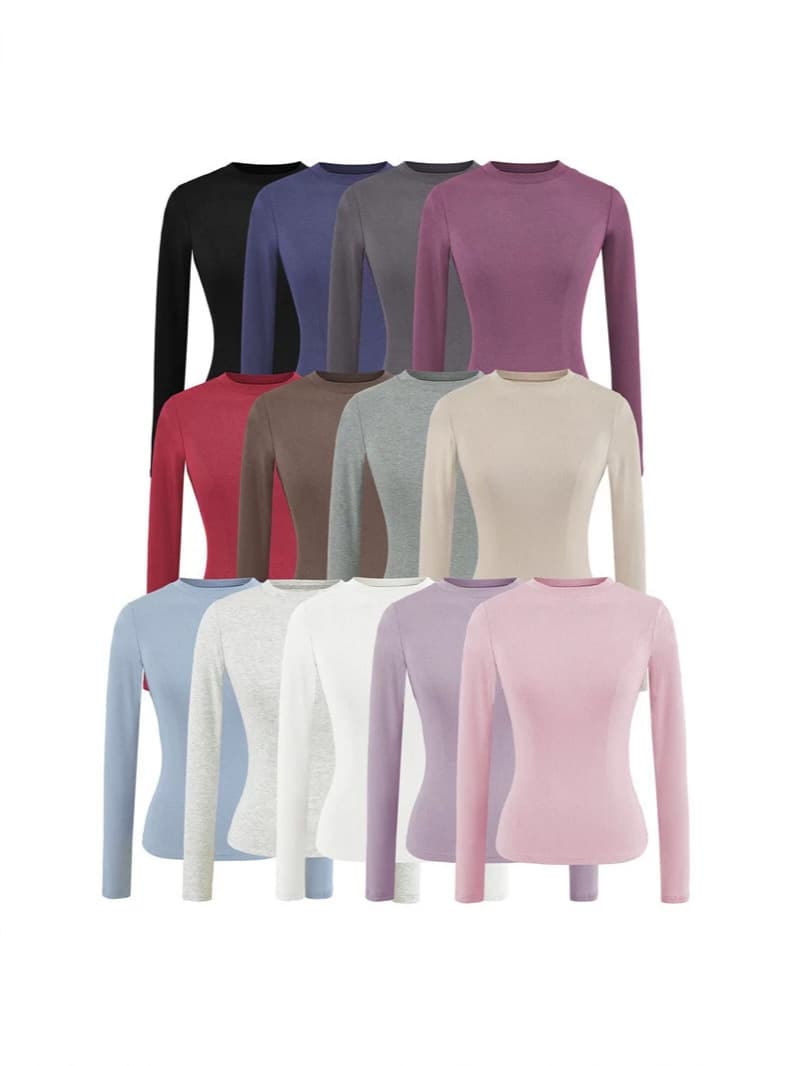 Hot girl's tight-fitting round neck, right shoulder, long-sleeved T-shirt for women, autumn new style, elastic base, pure desire base top