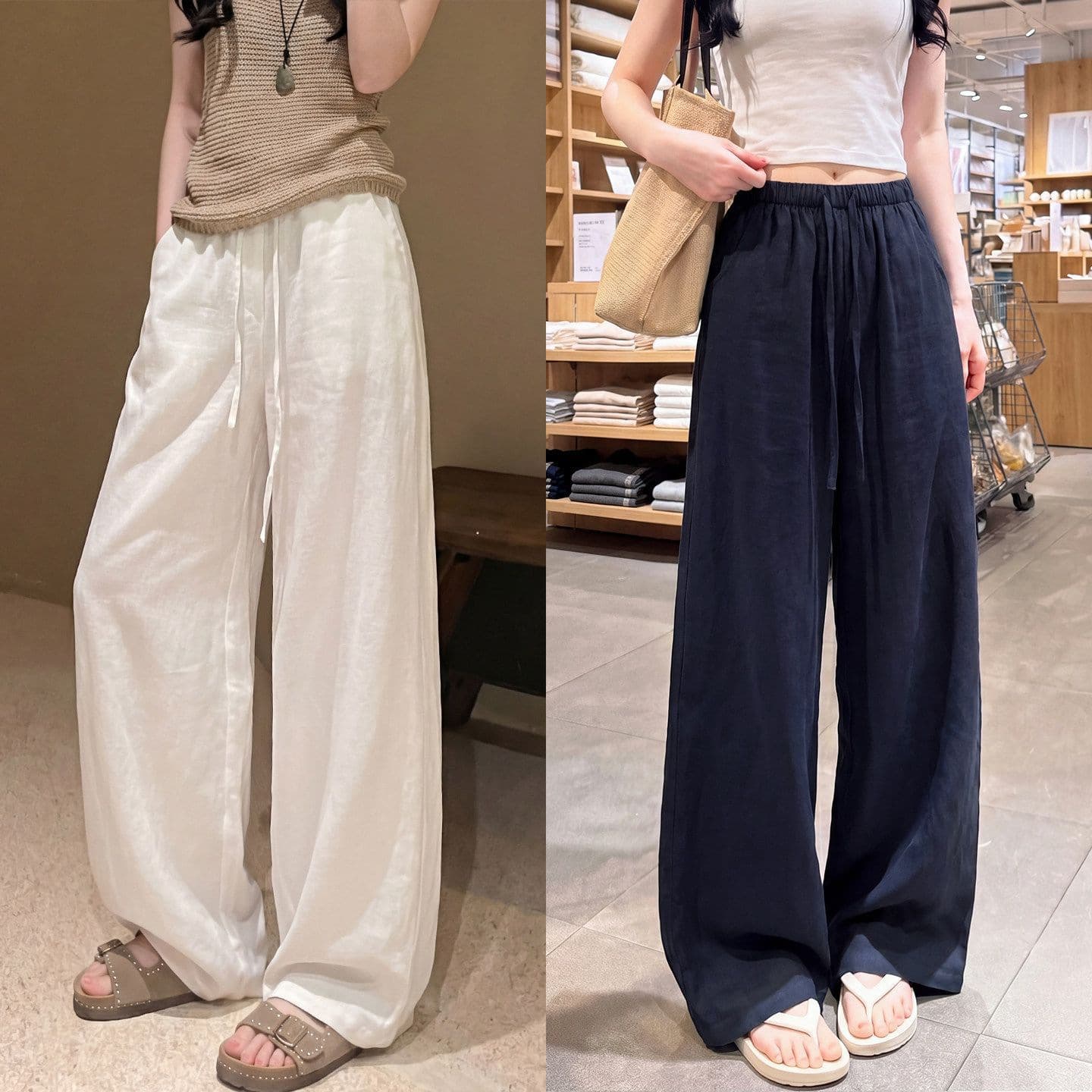 Navy Blue Cotton Linen Wide Leg Pants for Women Summer Thin Drape Loose Relaxed Old Money Style Narrow Straight Linen Trousers