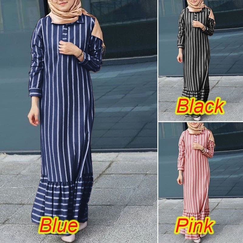 2025 New Cross-Border Casual Long Sleeve Striped Notch Neck Open Front Women's Maxi Dress Factory Wholesale