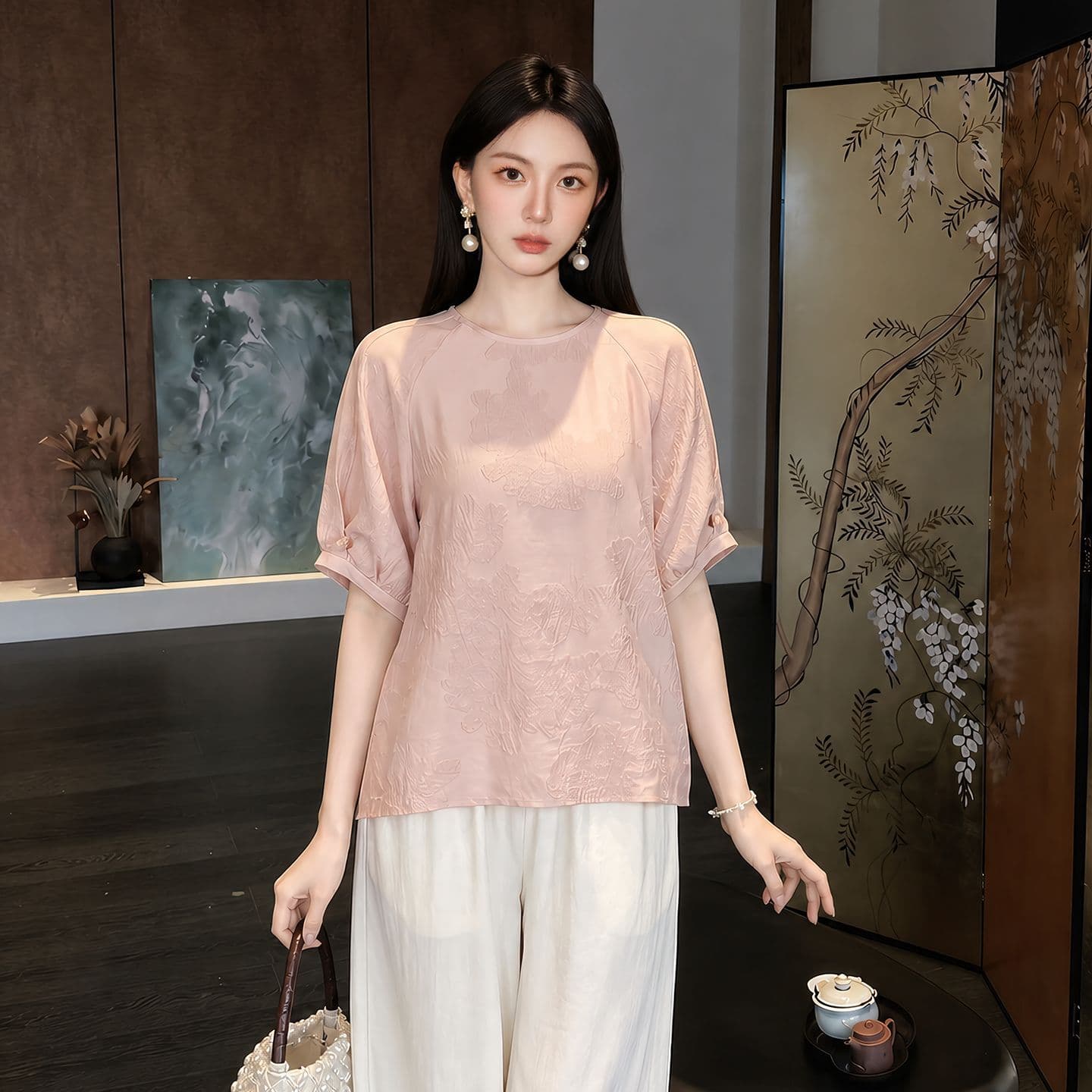 Summer Textured Dark Floral Print Short Sleeve Top for Women, Round Neck, Raglan Lantern Sleeves, Loose Flowing Blouse P6516