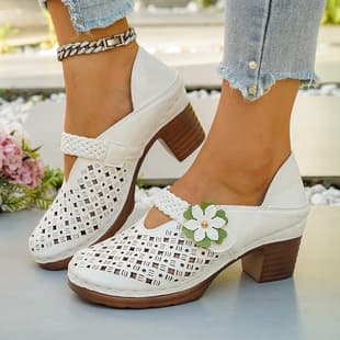Hollow Flower High Heel Sandals Women Chunky Heel Closed Toe Summer New Woven Strap Breathable Women's Shoes Cross-border Large Size Sandals
