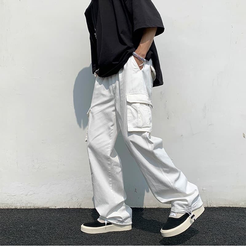Cotton Men's Loose Fit Multpocket Functional Style Casual Workwear Long Pants White Comfortable Breathable Sweat Absorbent