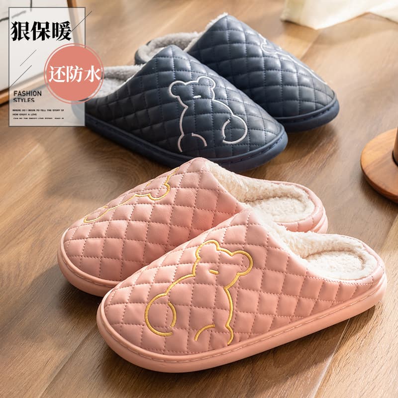 Waterproof Cotton Slippers Unisex Winter Warm Anti-Slip PU Leather Fleece Lined Home Slippers Couple Matching Slippers