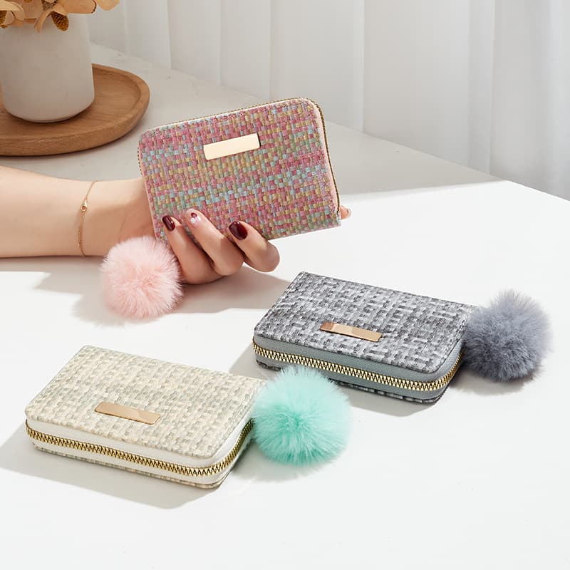 Woven Texture Short Coin Purse 2024 New Trendy Fashion Simple Pom Pom Decor Sequined Women's Clutch Bag