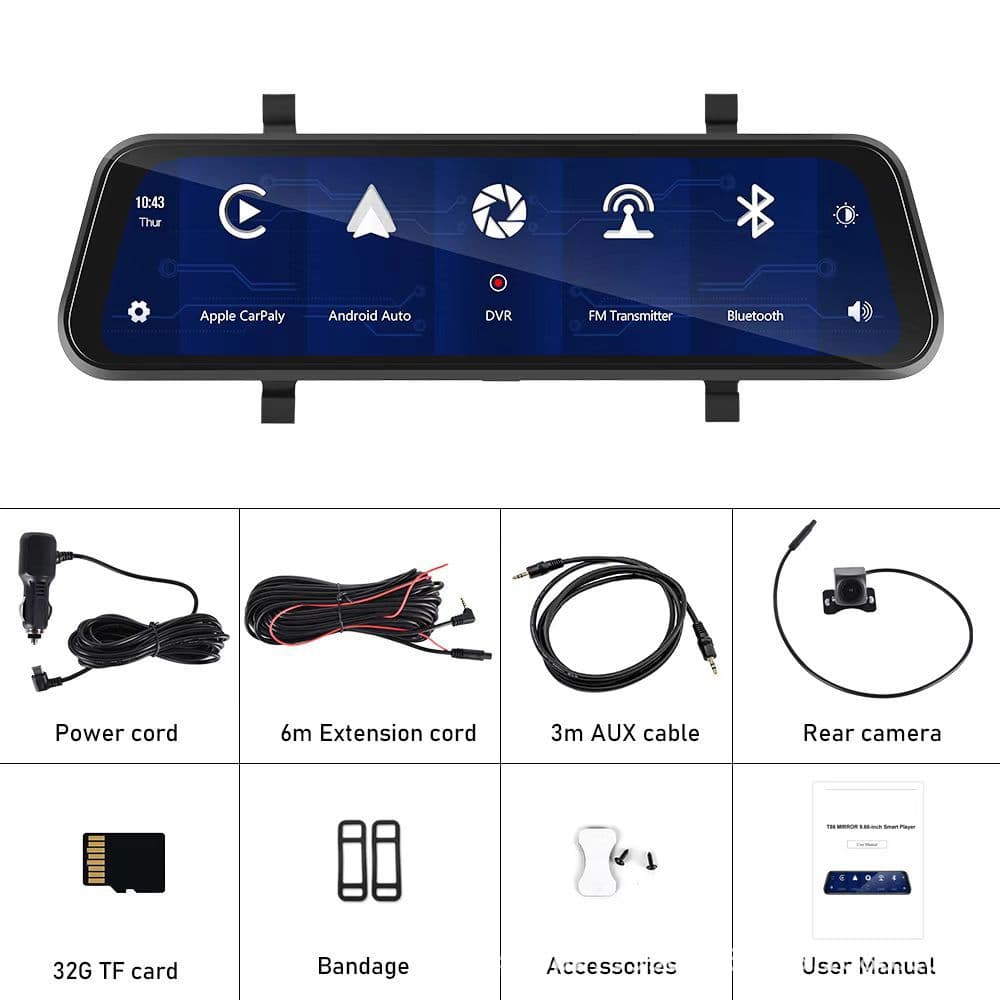 9.66-inch smart rearview mirror with CarPlay/Android Auto/Apple AirPlay/screen mirroring/TF card recording.