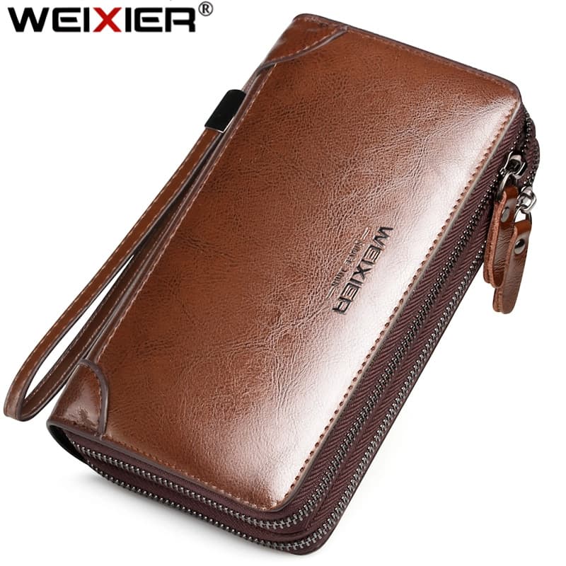 WEIXIER Men's PU Leather Clutch Bag, Large Capacity, Double-zipper Long Wallet, High-End Waterproof Handbag