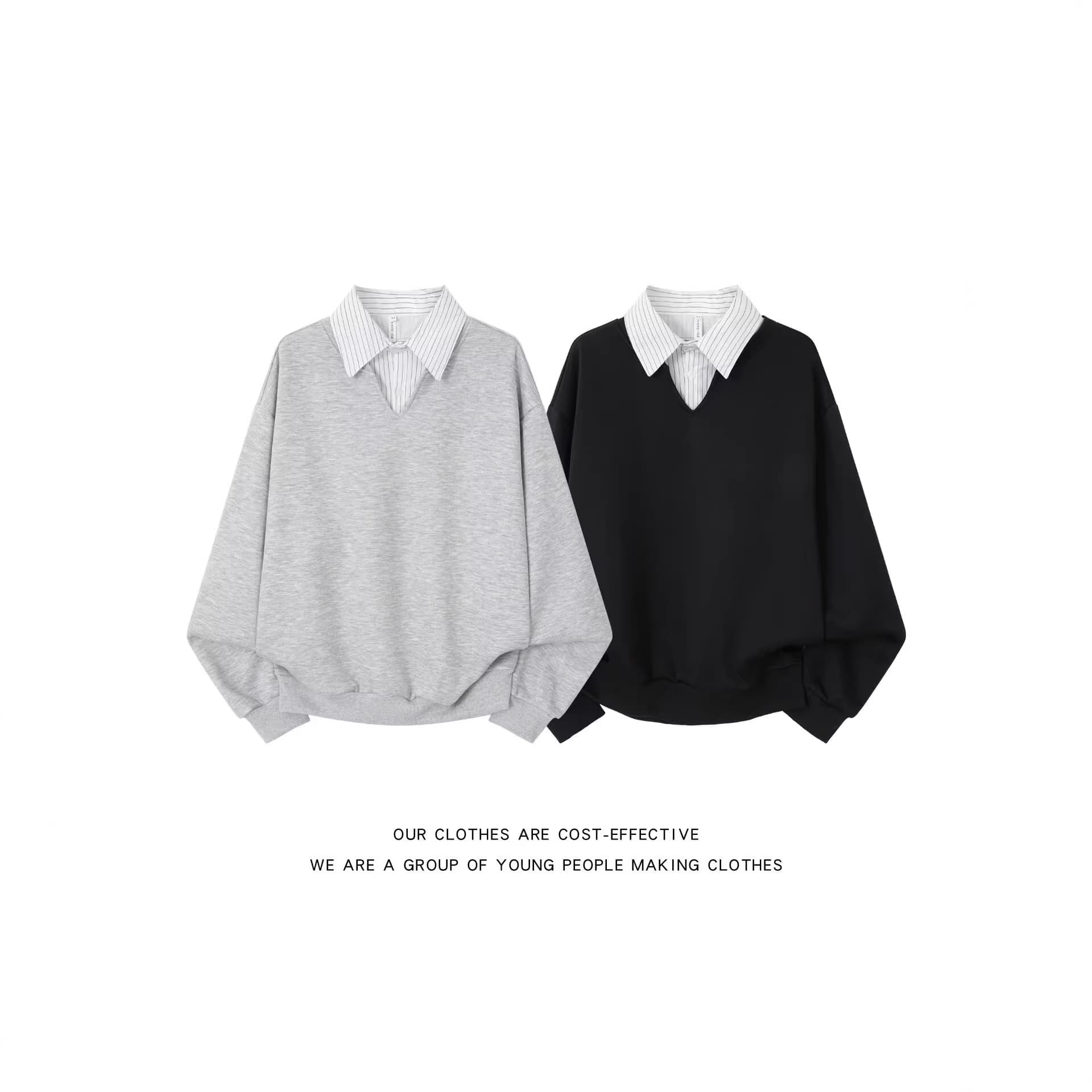 New Autumn Vintage Striped Patchwork Faux Two-Piece Polo Collar Sweatshirt for Men and Women, Loose Fit Pullover Top