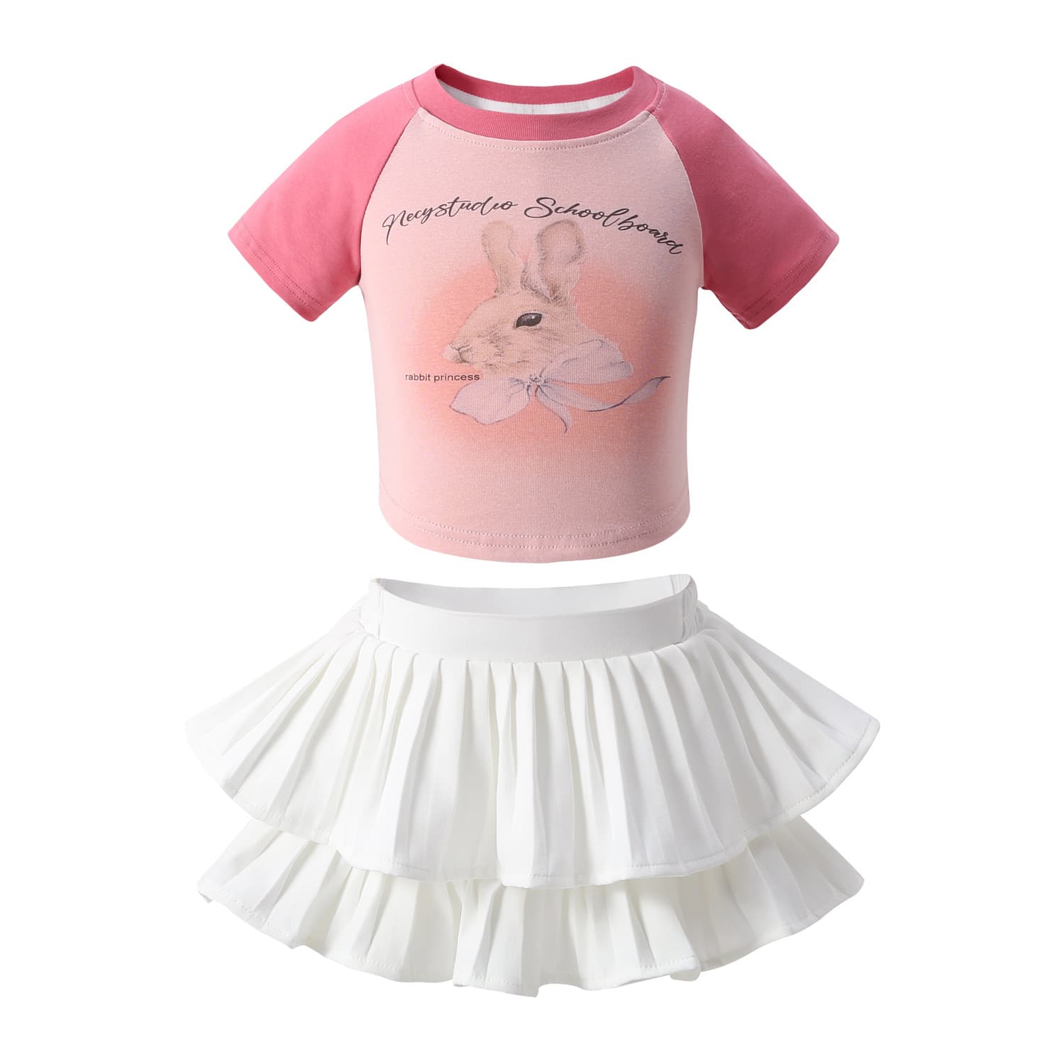 Girls' new princess skirt, cartoon rabbit color block short-sleeved T-shirt, solid color cake skirt, tutu skirt