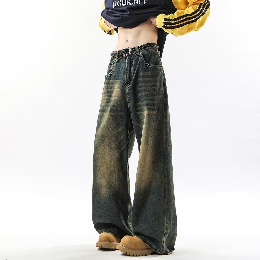 American Retro Flared Jeans for Men, New Trendy Loose Straight Clean Fit High Street Rogue Wide Leg Long Pants